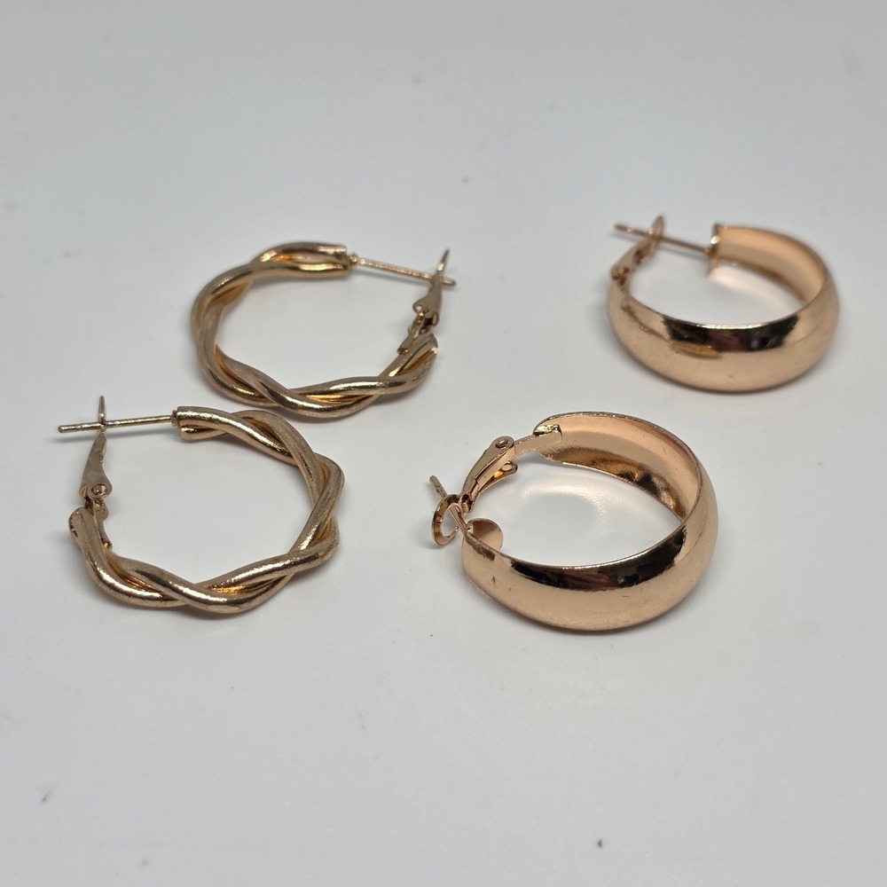 Set of 2 Pairs Rose Gold Tone Hoop Earrings Twisted Classic Lightweight Everyday